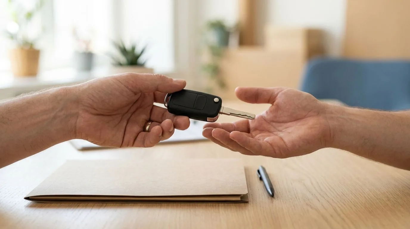 Una persona entrega a otra la llave de un coche sobre una mesa con una carpeta