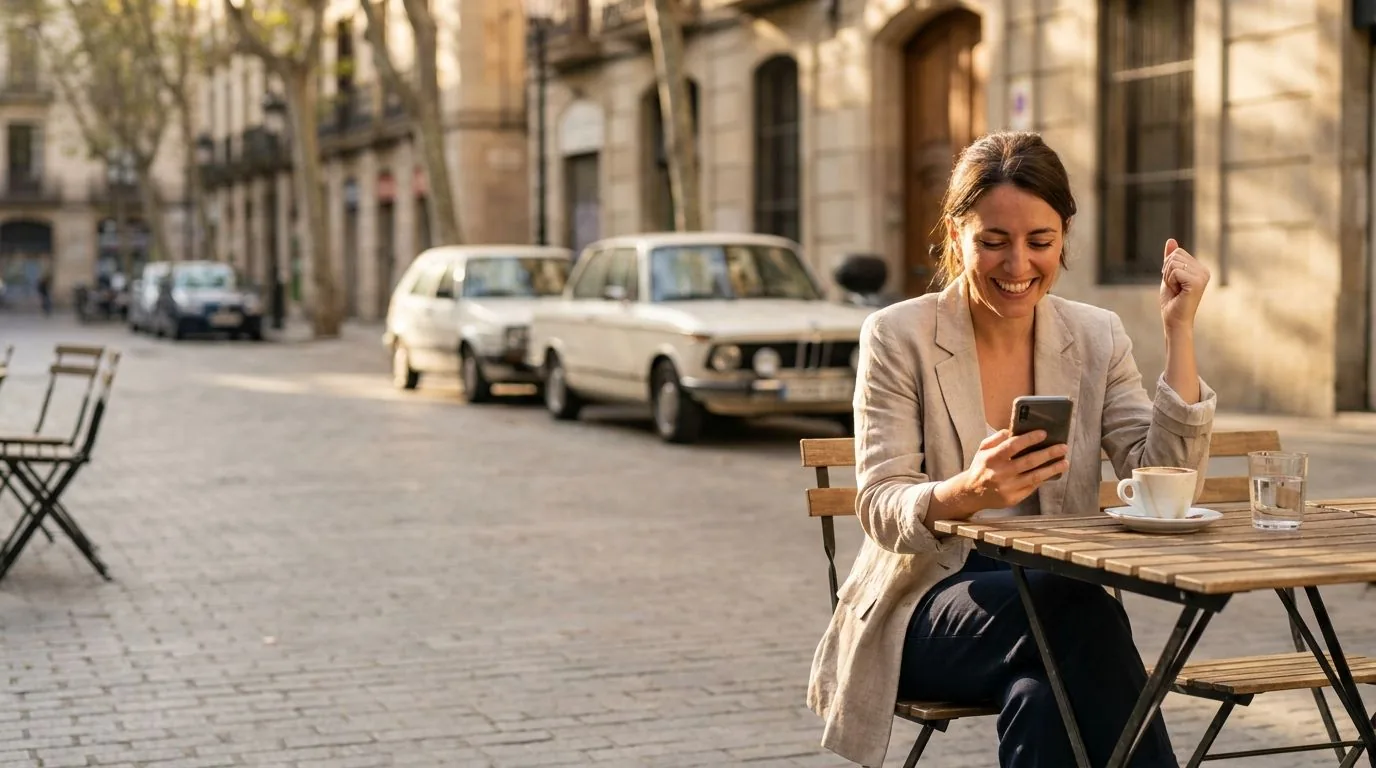 Mujer en una terraza sonriendo al ver en el móvil que tiene cita